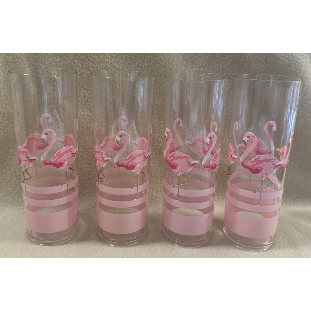 Pink Flamingo Clear Acrylic Plastic Tall Tumbler Iced Tea Glasses Set of 4